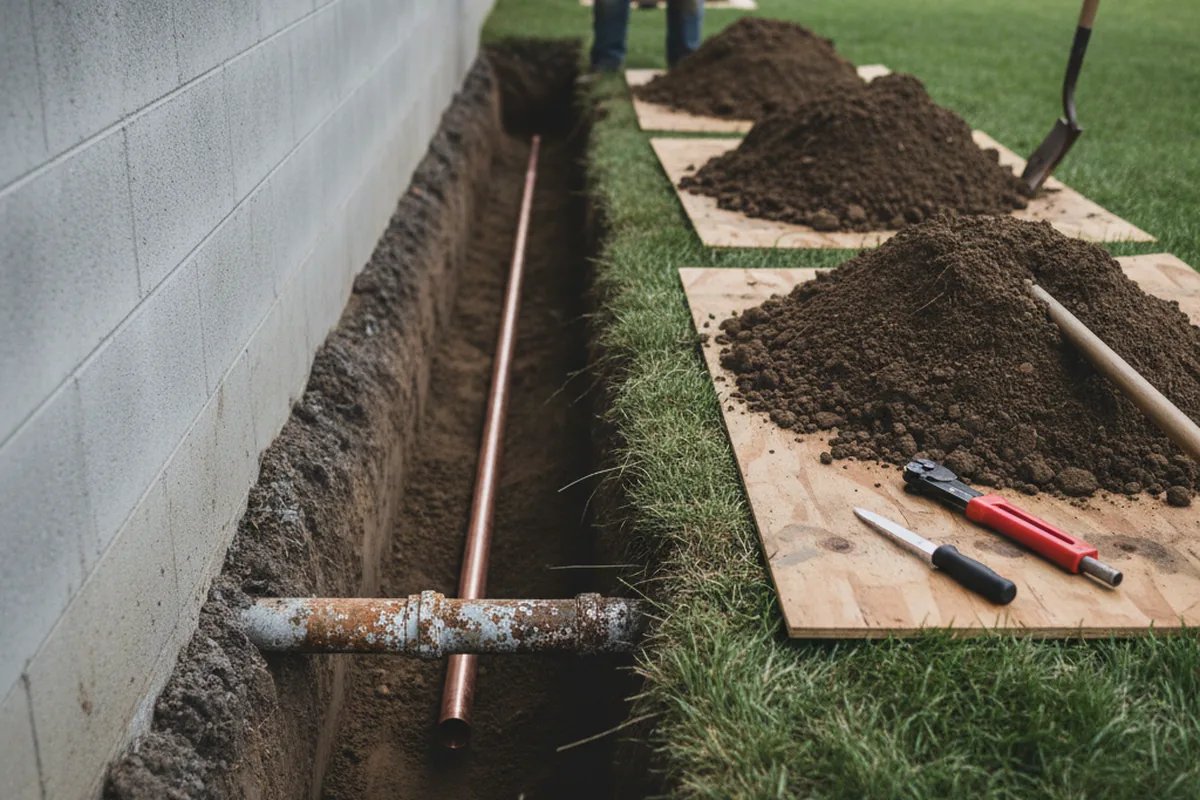 Excavated water line trench during Sewer Line Repair in Sunol